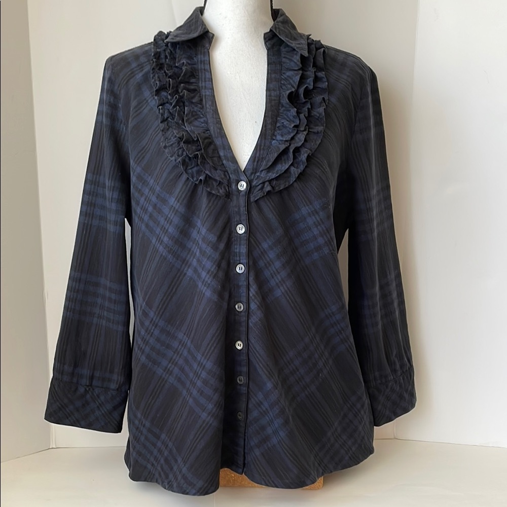 Joie | ruffled v-neck long sleeve button-down with collar in blue & black plaid